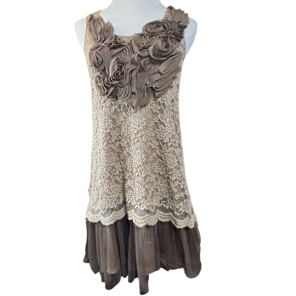 Ryu Lace Dress Women Small Rosette Tulle Layered Tan Romantic Cottagecore Boho